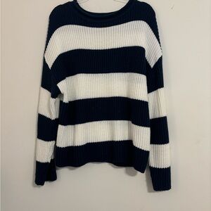 Navy and White Striped Women's Crew Neck Sweater